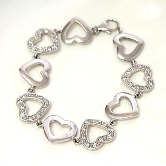 Vintage Sterling Silver Chain Link Crystal Rhinestone Heart Bracelet - Picture 2 of 12